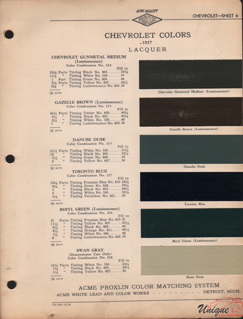 1937 Chev Paint Charts Acme 1